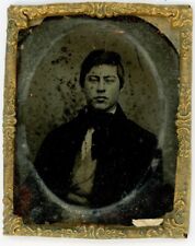 CIRCA 1800'S ANTIQUE 9th Plate TINTYPE Brass Glass Frame Handsome Young Man Suit picture