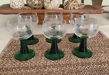 6 Vintage German Roemer Beehive Green Stem Crystal Etched Wine Goblets Glasses picture