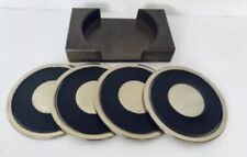Vintage Brass Leather Coaster Set Made In Spain Wood Holder  G & D MCM picture