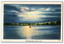 1948 Greeting From Logan Ohio OH, Moonlight Boat Scene Posted Vintage Postcard picture