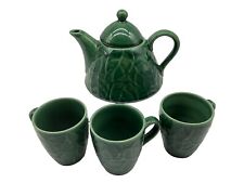 Pier 1 Green Jade Leaves Triangular Teapot with 3 Matching Coffee Cups picture