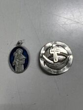 Vintage St Anthony Silver Toned Charm Pendant - Blue Enamel + Christian Coin picture