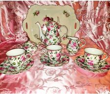 Victoria's Garden Pink Wine Rose Teapot and Cup Saucer Set 12 pc vintage 1990 picture
