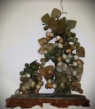 VINTAGE 1940s CHINESE HAND-CARVED JADEITE BONSAI GRAPE TREE SCULPTURE ON BASE picture