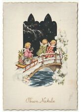1958 Merry Christmas Card Baby Snow Bridge Angels Slide Packages Gifts picture