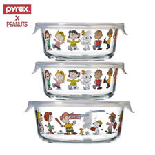 Pyrex Peanuts Snoopy Glass Storage Heat Resistant Containers Round 3pcs set picture