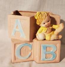 Vintage A B C Blocks Nursery Planter Baby Girl Pink Ceramic  picture