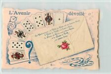 Vintage French Die Cut Postcard Playing Cards Reveal Future, Envelope w/ Card picture