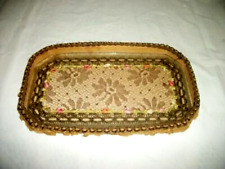 ANTIQUE FRENCH FABRIC VANITY TRAY METALLIC PASSEMENTERIE LACE SILK ROSES GLASS picture