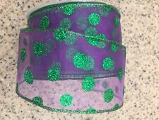 25 Yards Festive Glitter Green Purple Polka Dot Decorative Wired Ribbon FUN New picture