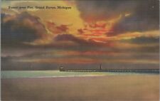 1940s Grand Haven Michigan sunset over pier linen postcard F82 picture