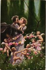 Sborgi Italy Romance Couple Surrounded by Cherubs Roses Vintage Postcard picture