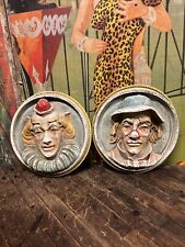 VINTAGE C. 1970 PAIR OF 3D CHALK CLOWN SIGNS CARNIVAL CIRCUS SIDESHOW ODD DECOR picture