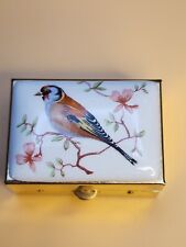 Vintage 1970s Hand Painted Bird Ceramic Pill Box Sewing Kit Trinket Box Brass picture