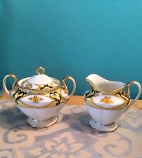 Nippon Porcelain Lidded Sugar Creamer Hand Painted Black Gold Yellow  Antique picture