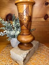 Vintage Hand Carved Floral Turned Wood 10 Inch Pedestal Vase Vessel picture
