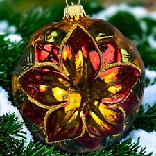 Vintage KC Red Orange Poinsettia Flower 4” Glass Germany Christmas Ornament picture