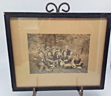Antique framed real photo 15 men in Skimmer Boater Hats Suit Picnic Woods Group picture