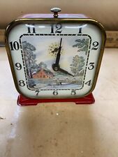 Vintage Lux Alarm Clock Red Metal Made USA Cabin Home Brook Bridge Faceplate picture