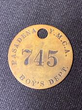 Ca. 1920's Pasadena Y.M.C.A. Boy’s Dept.  745 Solid Brass Room Check Pendant Tag picture