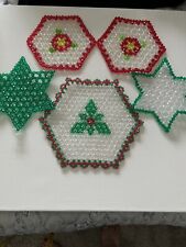 Lot of 5 Christmas Trivets For Holiday Table Display Beaded Xmas Decor Vtg 50s picture
