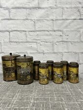 Vintage Hoosier Tin Spice Jars Canisters Set 8 Pcs Art Deco 20s Woman Litho picture