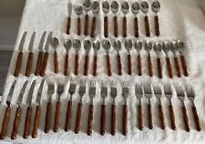 Vintage 46 Piece Lot Brown Wooden Handle Silverware Flatware Stainless Taiwan picture