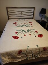 Antique Quilt Hand Applique Poppy Quilt Red On Off White Ground picture