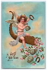 1908 New Year Angel Horseshoe Cornucopia Sack Of Coins Embossed Antique Postcard picture