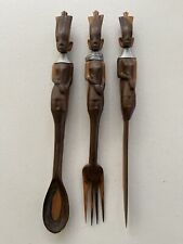 African Tribal Woman Spoon Fork And Knife Wood Carved 12” Long Serving decor picture