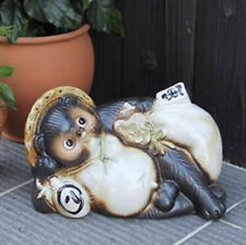 pottery raccoon dog reclining Shigaraki ware Tanuki figurine lucky charm ceramic picture