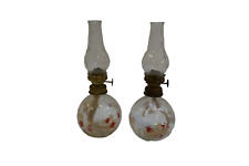 Pair Small Vintage Fire Works Painted Clear Glass Oil Lamps  7 1/2” picture