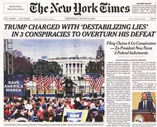 TRUMP CHARGED w/ CONSPIRACY OVERTURN NEW YORK TIMES *HARD COPY* NEWSPAPER 8/2/23 picture