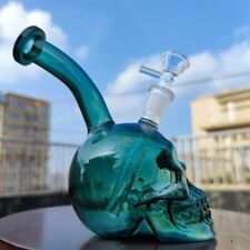 7 Inch Teal Skull Head Portable Glass Water Pipe Bongs Hookah Bong 14MM picture
