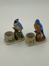 2 Jasco Ceramic Bisque Porcelain Bluebird Blue Jays Figurine Candle Holders picture