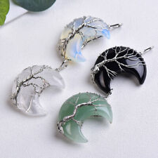 Natural Healing Crystal Quartz Wire Wrap Tree Of Life Crescent Moon Gem Pendant picture