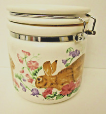 Vintage Potpourri Press Hinged Rubber Sealed Ceramic Canister Rabbit and Flowers picture