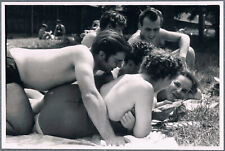 1970s Shirtless Guys Trunks Bulge Muscle Affectionate Girl In Swimsuit Old Photo picture