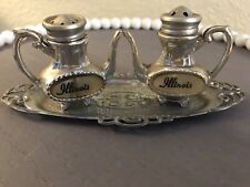 Vintage Silver Tone Illinois Mini Tea Pot Salt & Pepper Shakers w/ Tray picture