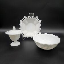 Vintage Milk Glass Lot Indianna Glass Bowl & Lidded Compote & Westmoreland Bowl picture