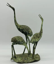 Vintage Brass Heron Trio On Lilly Pad Statue Natural Patina picture