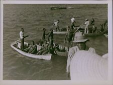 GA60 Original Photo BLACK BOAT WORKERS Manual Laborers Rowing Out to Sea Water picture