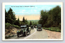 Old Cars on the County Road Dead Man's Curve Negaunee Rd Marquette MI Postcard picture