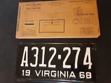 1968 VIRGINIA BLACK LICENCE PLATE W/ORIGINAL PACKAGE picture