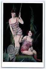 c1910's Bathing Beauty Stripe Swimsuit Fishing Net Unposted Antique Postcard picture
