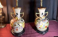 2 Mid-century Vintage hand-painted Floral Asian table lamp Urn  11” Tall picture
