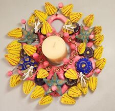 VTG Mexican Folk Art Tree of Life Pottery Candle Holder Ring Tabletop HandPaintd picture
