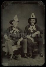 ANTIQUE TINTYPE PHOTO TWO HANDSOME FIREMEN HOSE NO. 1 LEATHER HELMETS 1800s picture