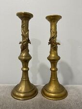 Vtg Antique Chinese Brass Pair of Large Candle Sticks Holders Raised Dragon Dec. picture