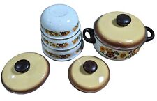 Vintage Harvest Blossom Porcelain Enamel Cookware 3 Mixing Bowls 1 Pot Set 70s picture